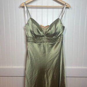 OC OC Elegant Beaded Sage Green Satin Maxi Dress Formal Gown Embellished Slip